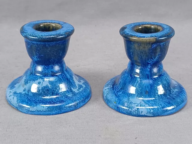 Pair of Fulper Art Pottery Blue Crystalline Glaze Candle Sticks C. 1929-1934 2