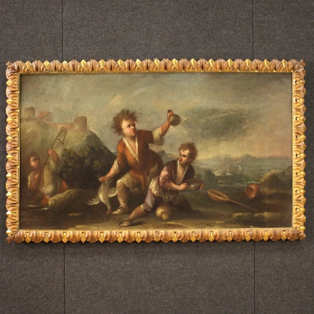 Antigua pintura paisaje con personajes cuadro óleo sobre lienzo siglo XVIII 700