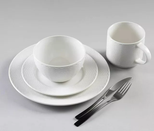 16 Pieza Cerámica Cena Juego Blanco Platos Bols Tazas Ondulado Set de Vajilla 2