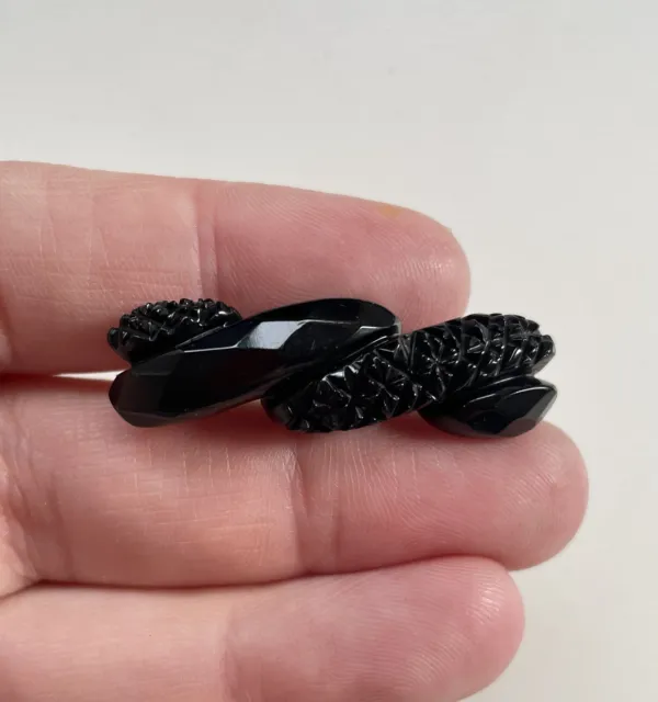 Antique Victorian Whitby Jet Intricately Hand Carved Mourning Brooch Pin 1.5"