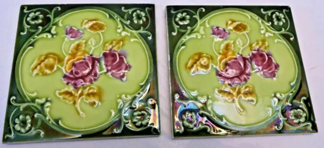 Antique English Tile Porcelain Majolica Art Nouveau Purple Flower Motif Rare# 55