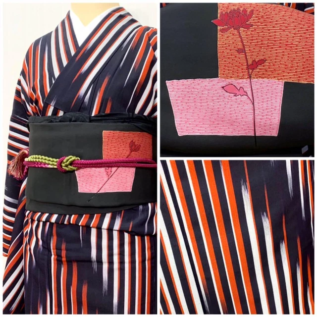 Kimono & Obi set With tightening thread long sleeves Japanese furisode belt #1