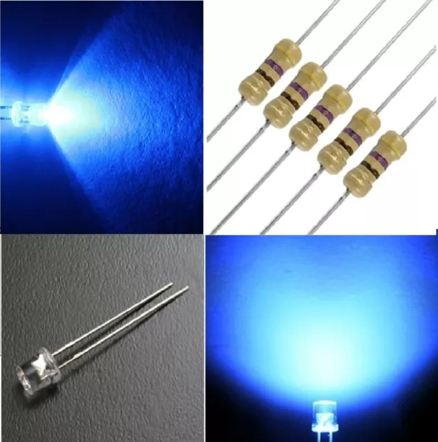 50 Pz. DIODI LED BLU 3mm TESTA PIATTA FLAT TOP alta luminosità con resistenze