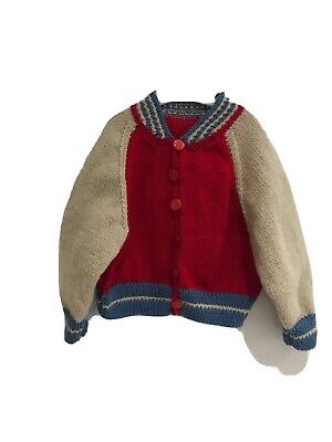 Nuova giacca da baseball a maglia ragazzo rossa blu e beige taglia 2-3 anni