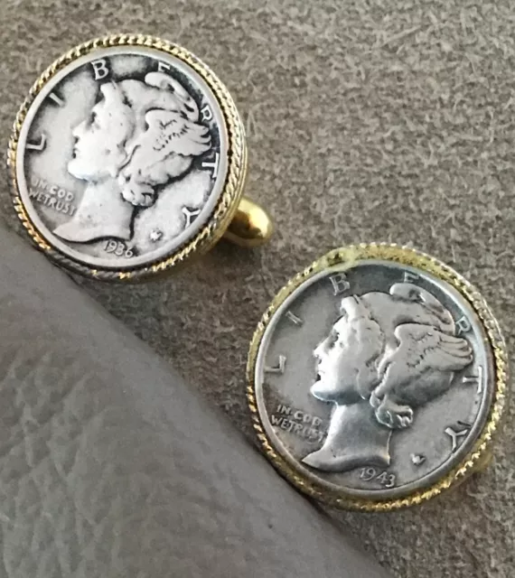 Mercury Dime Cufflinks - Gold Tone -  1936 1943