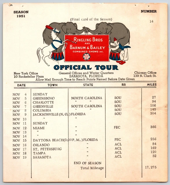1951 RINGLING BROS Barnum Bailey Circus Route Card Charlotte Miami