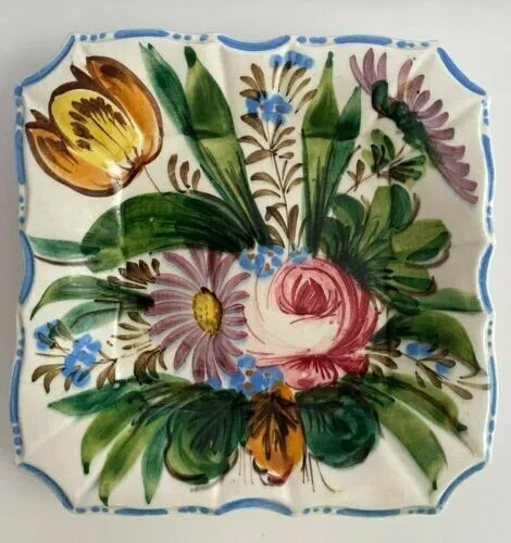 Vintage Hand Painted NOVE ROSE Floral Majolica Italian 7" Salad Square Plate