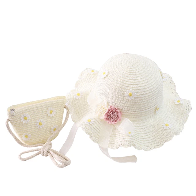 Straw Hat Bag with Strap Uv Protection Flower Decor Cap Bag Set Durable