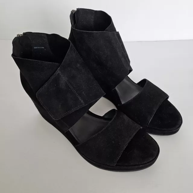 Eileen Fisher Womens Sz 9 Sandals Black Wedge Suede Zipper Adjustable Straps