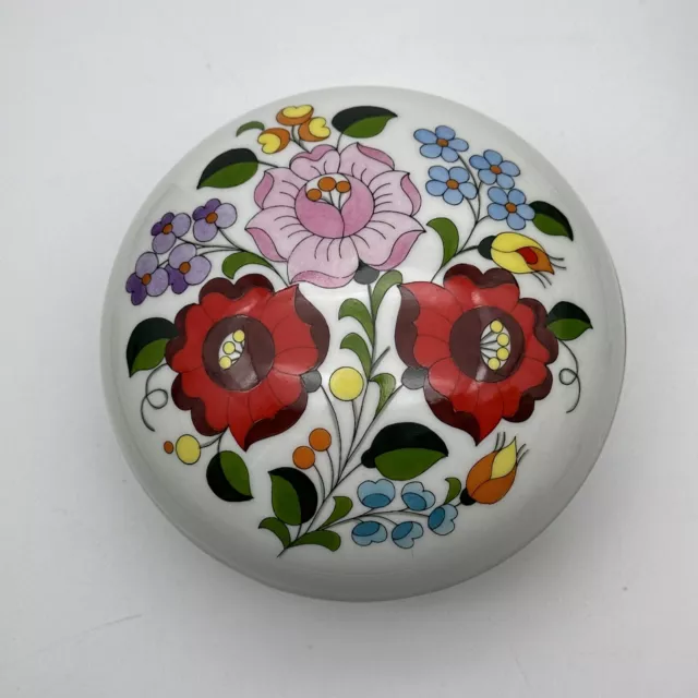 Kalocsa Hungary Porcelain Hand Painted Floral Covered Trinket Box Dish 5" A