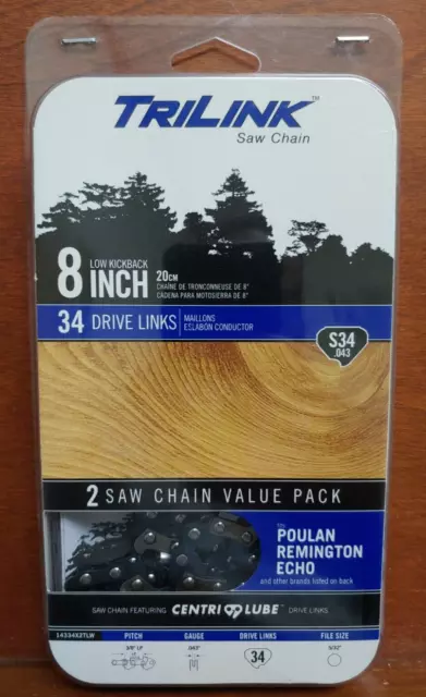 NEW TriLink 2 Saw Chain Value Pack 8 Inch S34/.043 has Centri Lube Drive Links