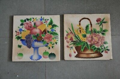 2 Pc Vintage Colorful Flower Baskets/Pot Picture Ceramic Tiles, Japan 2