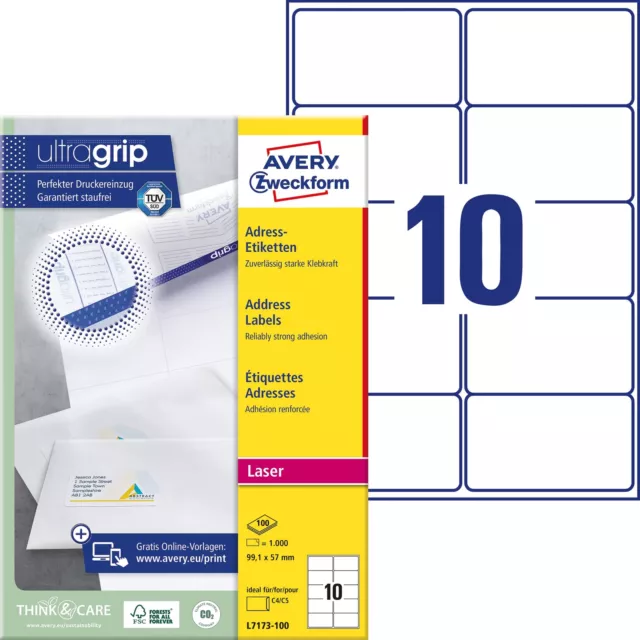 Avery Zweckform L7173-100 Address Labels 99.1 x 57 mm for C4/C5 Envelopes Pack o