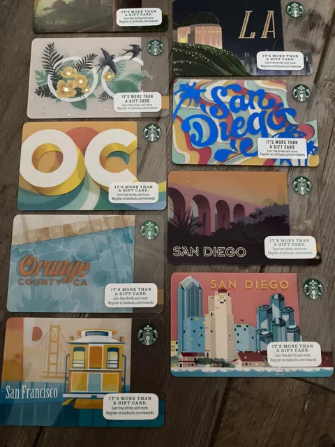 Lot de 11 cartes-cadeaux Starbucks Californie San Francisco San Diego Los Angeles OC 3