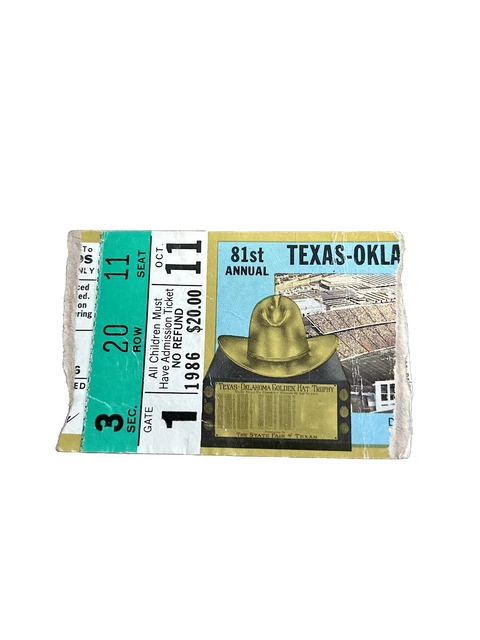 1986 Oklahoma Sooners Texas Longhorns Football Ticket Stub Cotton Bowl Dallas