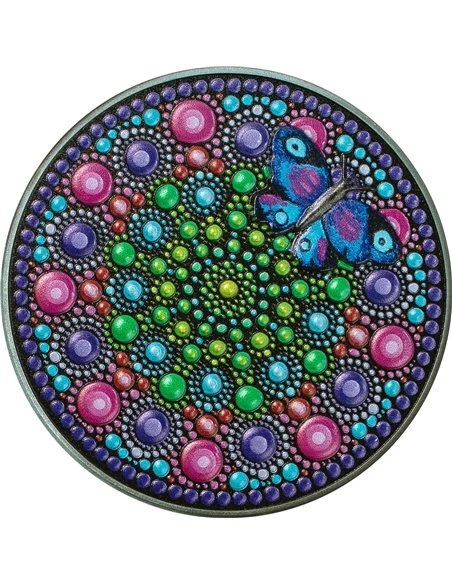 FLOWER WITH BUTTERFLY Dot Art 3 Oz Silver Coin 20$ Palau 2023