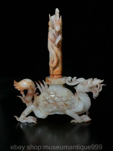 8.8" Chinese Natural Hetian Jade Nephrite Carving Dragon turtle Statue