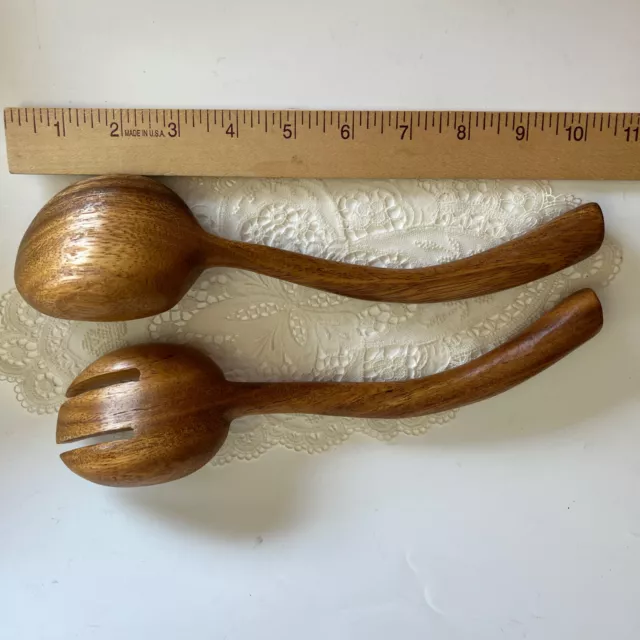 Vintage Salad Serving Spoon Fork Curved Handmade Wood Monkey Pod Wooden 10” 3