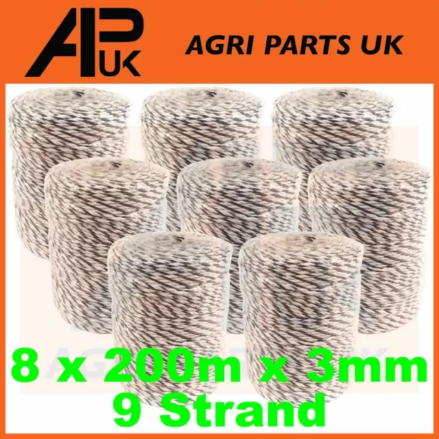 8 Rolls 200m x 3mm 9 Strand Electric Fence Polywire Poly Wire Fencing Energiser