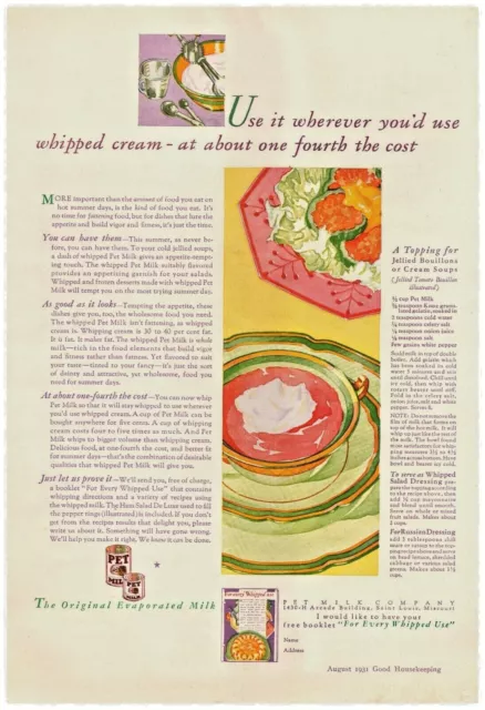 1931 PET Evaporated Milk Vintage Print Ad Whipped Cream The Original