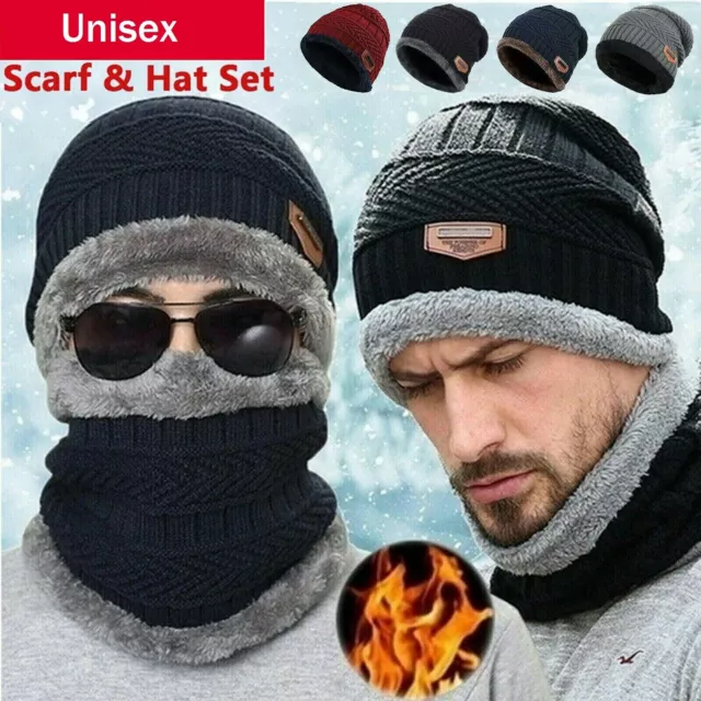 Winter Knitted Hat Men Fur Women Neck Warm Chunky Beanie Fleece Ski Cap Outdoor