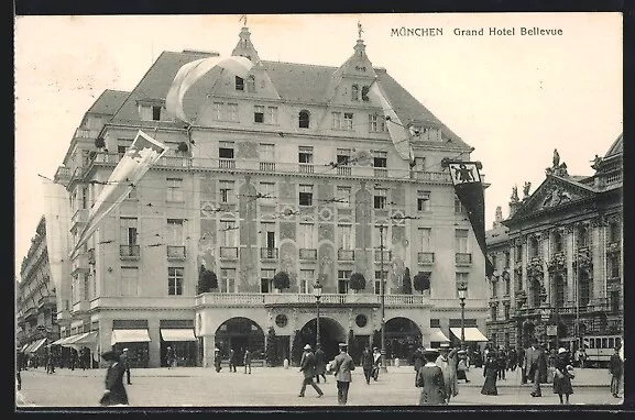 Ansichtskarte München, Grand Hotel Bellevue mit Strassenbahn 1916