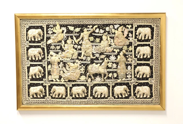 Mid 20th Century Framed Burmese 51 x 32 Kalaga Tapestry