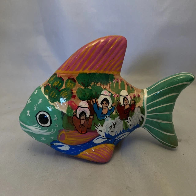 Vintage Mexico Red Clay Pottery Fish Figurine Hand Pained Folk Art