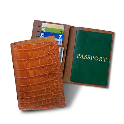 Genuine Alligator Crocodile Skin Leather Passport Holder Brown Card Cover Case