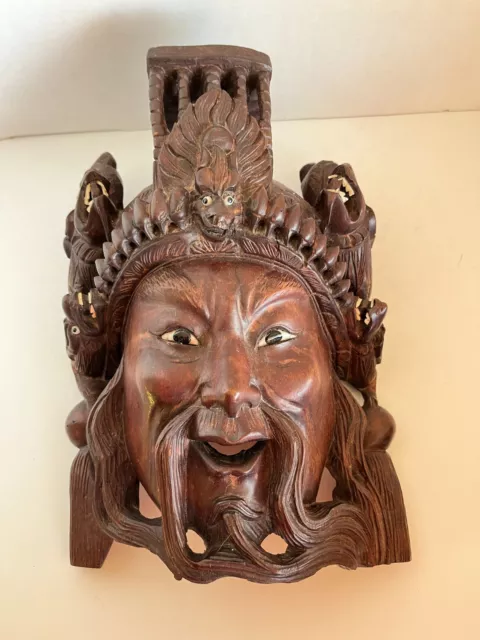 Vintage Hand Carved Wooden Chinese / Tibetan Mask Dragons