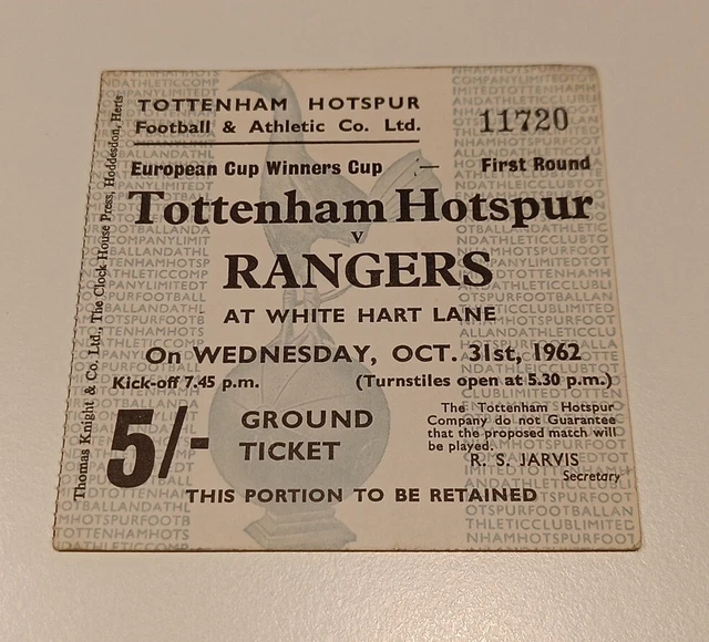 Ticket Collectors: Tottenham Hotspur Spurs - Glasgow Rangers Ecwc 1962