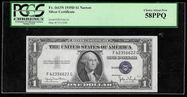 Us $1 Silver Certificate 1935D Pcgs 58 Ppq Narrow Margin Error Fr 1613N