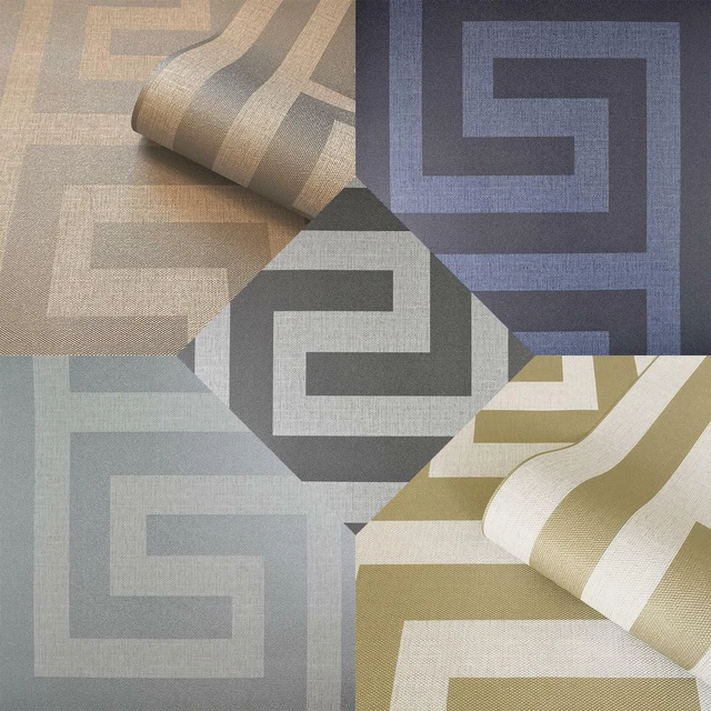 GREEK KEY Wallpaper Belgravia Navy Blue Grey Silver Textured