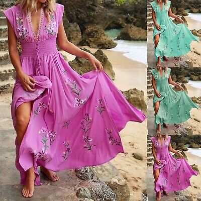 Plus Size Women Boho Floral Long Maxi Dress Ladies V Neck Beach Sundress Holiday