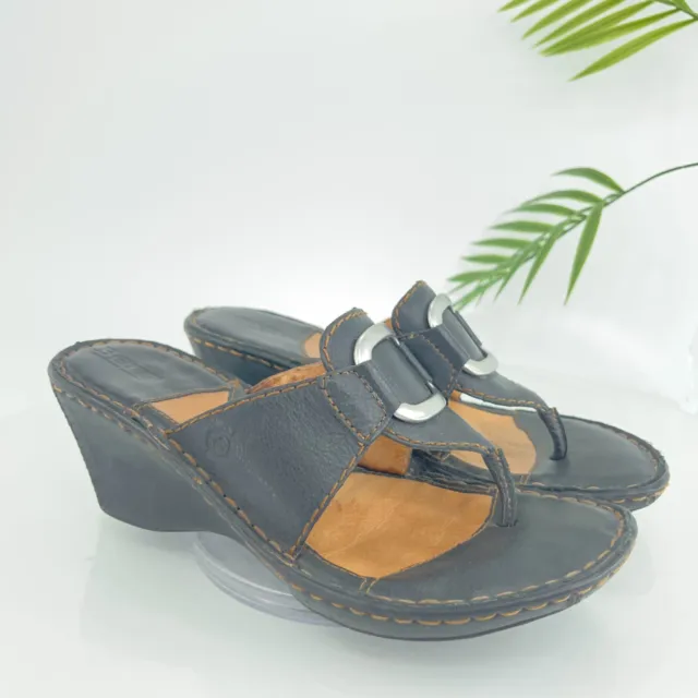 Born Women's Sandal Size 8 Wedge Heel Slide Black Leather Slip On Shoe Thong
