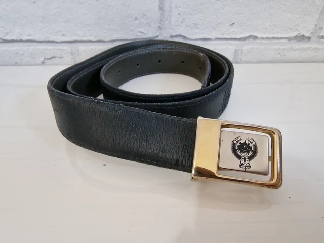Cintura Vintage Vita 37"" - 41"" Pelle Nero Retro Crest Fibbia Oro Bianco DIFETTO