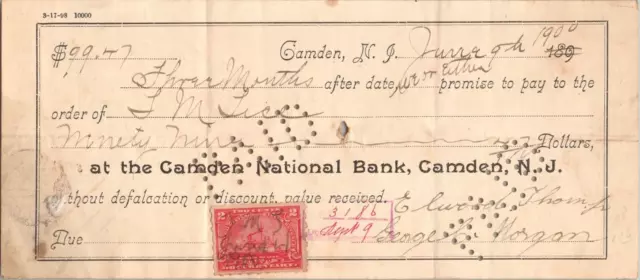 1900 Camden NJ National Check Signed Elwood Thompson George C Morgan New Jersey
