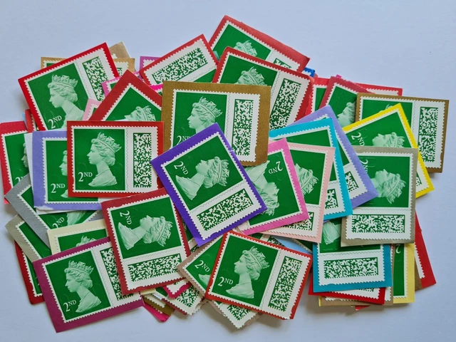 100 UNFRANKED SECOND Class Barcoded Definitive Stamps On Coloured Paper ...