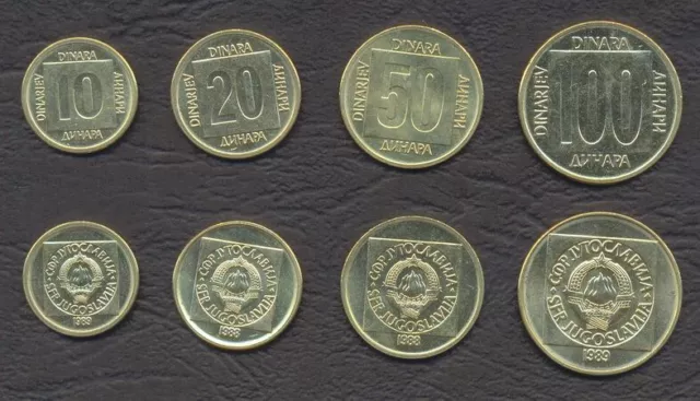 YUGOSLAVIA COMPLETE COIN SET 10+20+50+100 Dinara 1988-1989 131-134 UNC LOT of 4