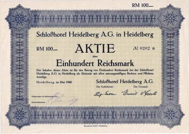 ungelocht Schloßhotel Heidelberg AG historische Aktie 1940 Baden-Württemberg