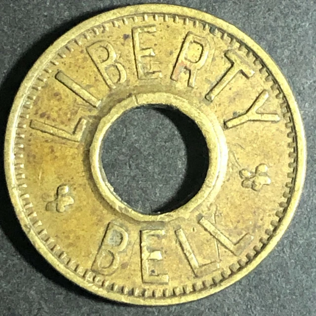 VINTAGE 21MM BRASS "Liberty Bell Good For 5c Trade" Donut Token £4.