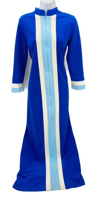 Sz 12 Vanity Fair Blue Fleece Zip Housecoat Robe Lounge Vtg Retro