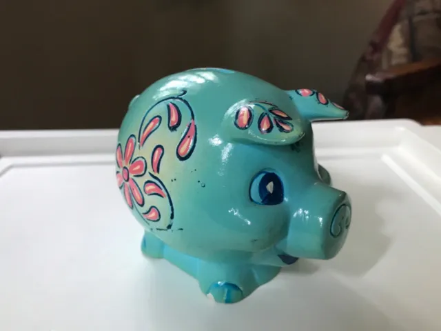 RARE Super Cute VINTAGE Piggy Bank- Blue w/Pink Flowers- Banthrico, Inc
