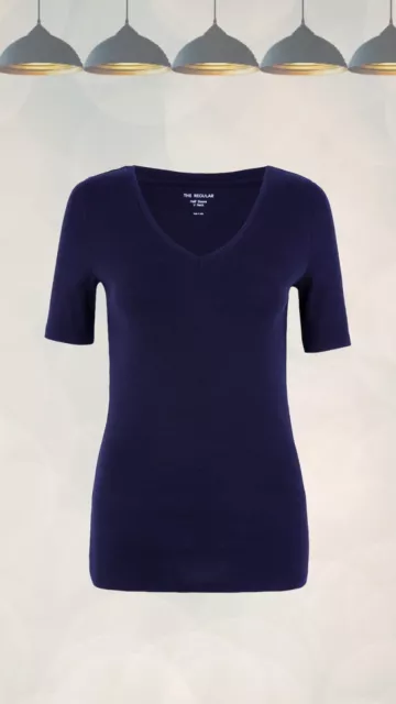 T-shirt da donna Ex Marks & Spencer puro cotone vestibilità regolare collo a V blu navy