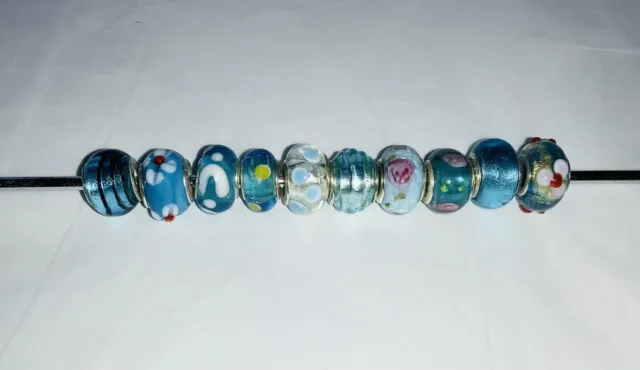 10 Mixed BLUE Hand Made GLASS European Large Hole BEADS Jewellery Making A3