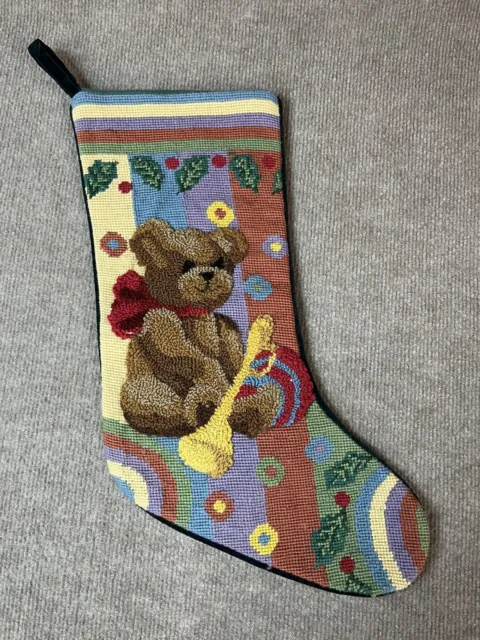 Vintage Needlepoint Tapestry Christmas Stocking Holiday Teddy Bear Wool Velvet