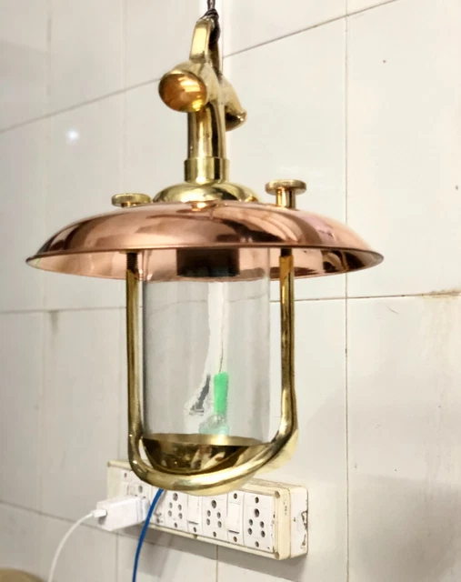 Art Nouveau Skyscraper Brass Ceiling Hanging Light Fixture with Copper Shade