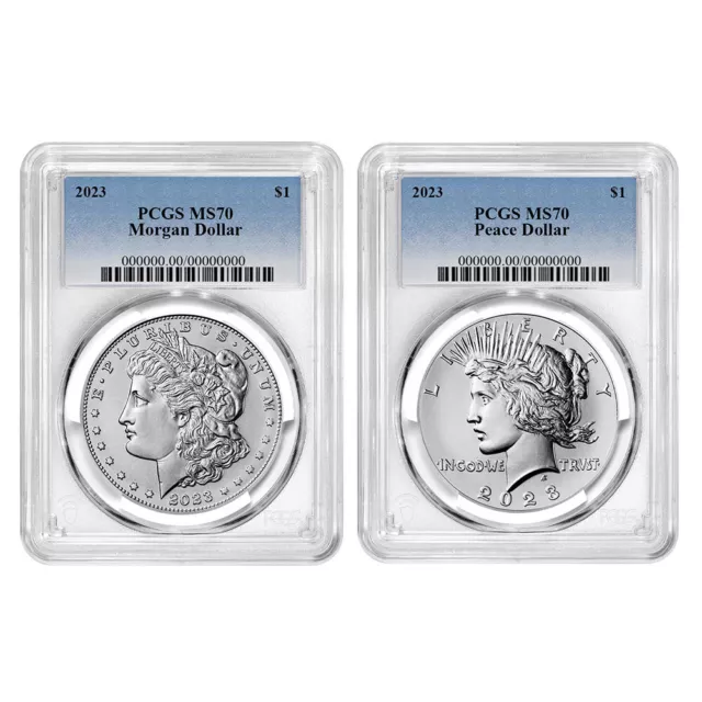2023 $1 Morgan and Peace Silver Dollar 2pc Set PCGS MS70 Blue Label