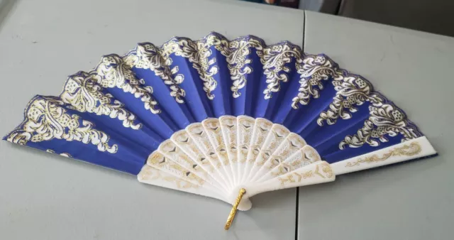 Decorative Folding Fan 10"x17" Dark Blue Sparkle Tassel White Gold Chinese