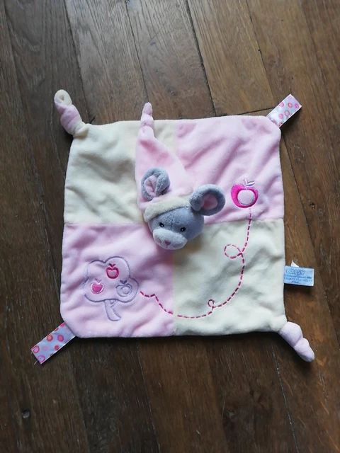 O / doudou carré souris Gris plat rose pomme pommier Gipsy Blanc Bonnet